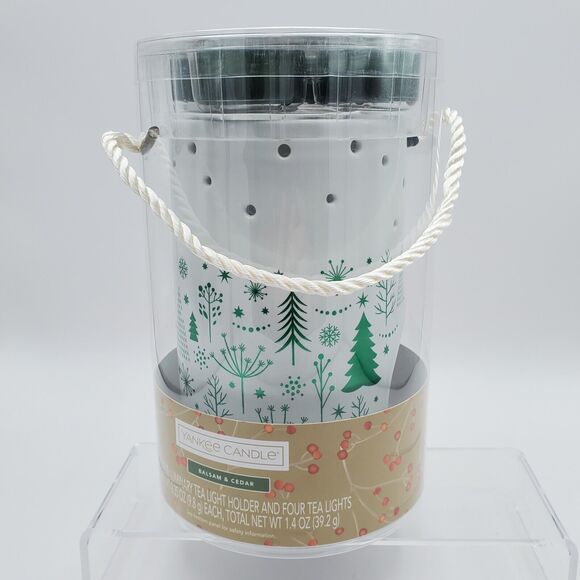 Yankee Candle Luminary Tea Light Holder Balsam & Cedar Green & White Holiday New - Picture 12 of 13